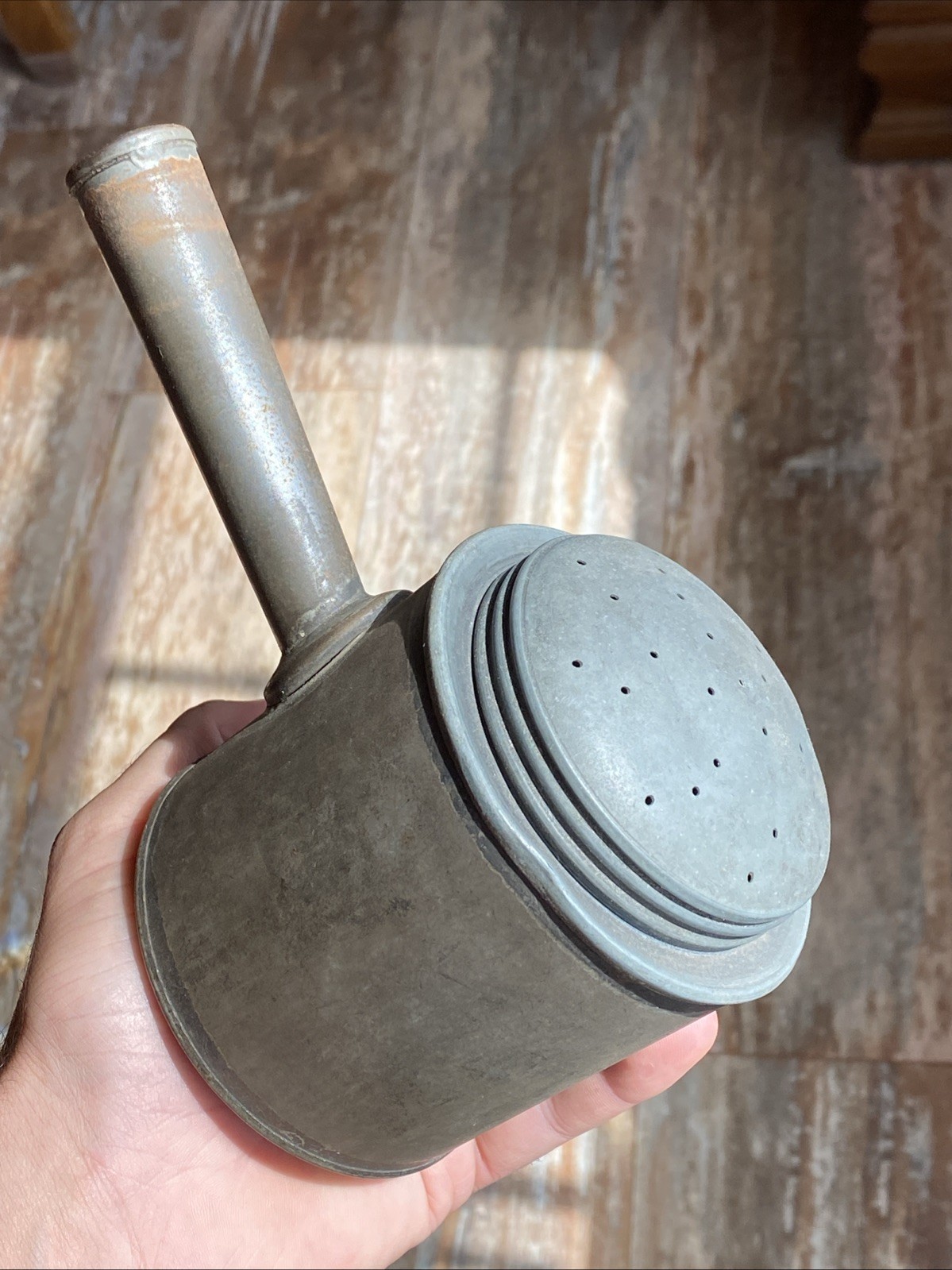 Antique Primitive Kitchen Metal Canister Shaker Sifter Hollow Handle Tinned Seam