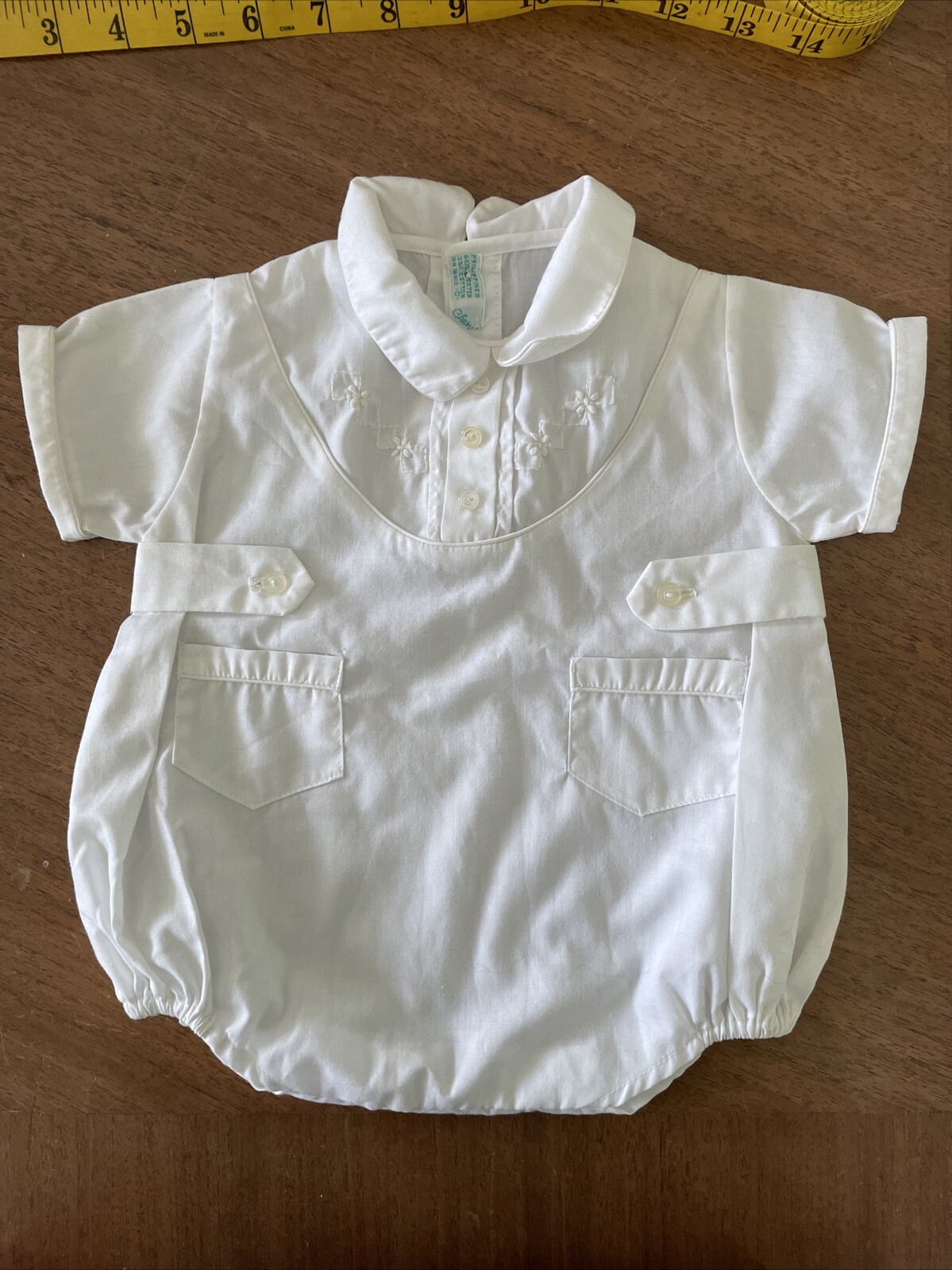 Vintage white baby romper onsie 1970 65% polyester 35% cotton Christening