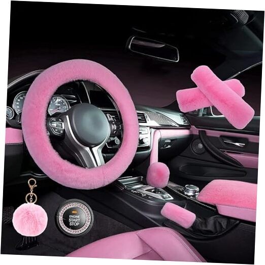  1 Set 8 Pieces Fluffy Steering Wheel Cover Set,Warm Soft Fuzzy Steering Pink