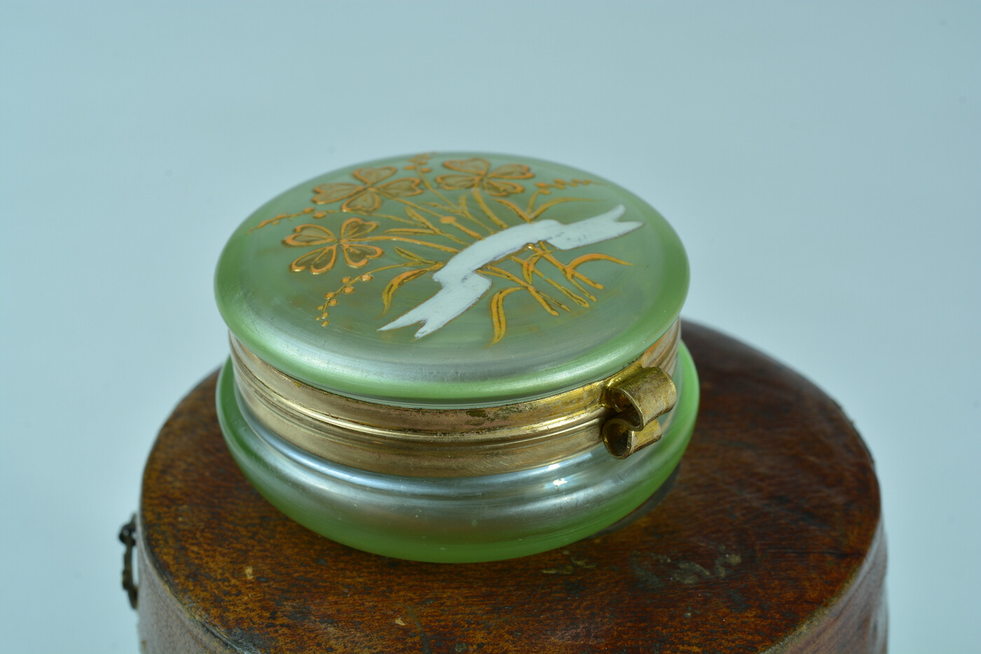 1900 Cute French Trinket Box Gold Enameled Glass Pale Green Pill Box