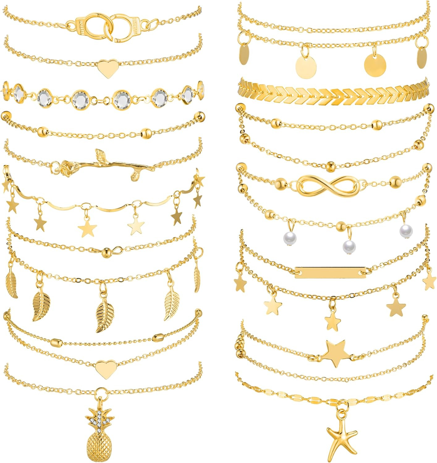 16 Pieces Ankle Bracelets 14K for Women Anklets Set Boho Beach Anklets Foot Chai