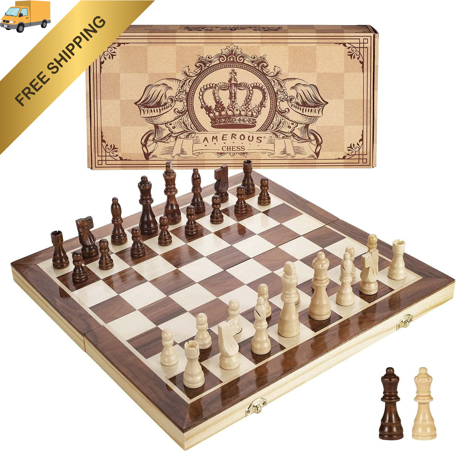 AMEROUS 15 Inches Magnetic Wooden Chess Set - 2 Extra 15 inches, Bronze 