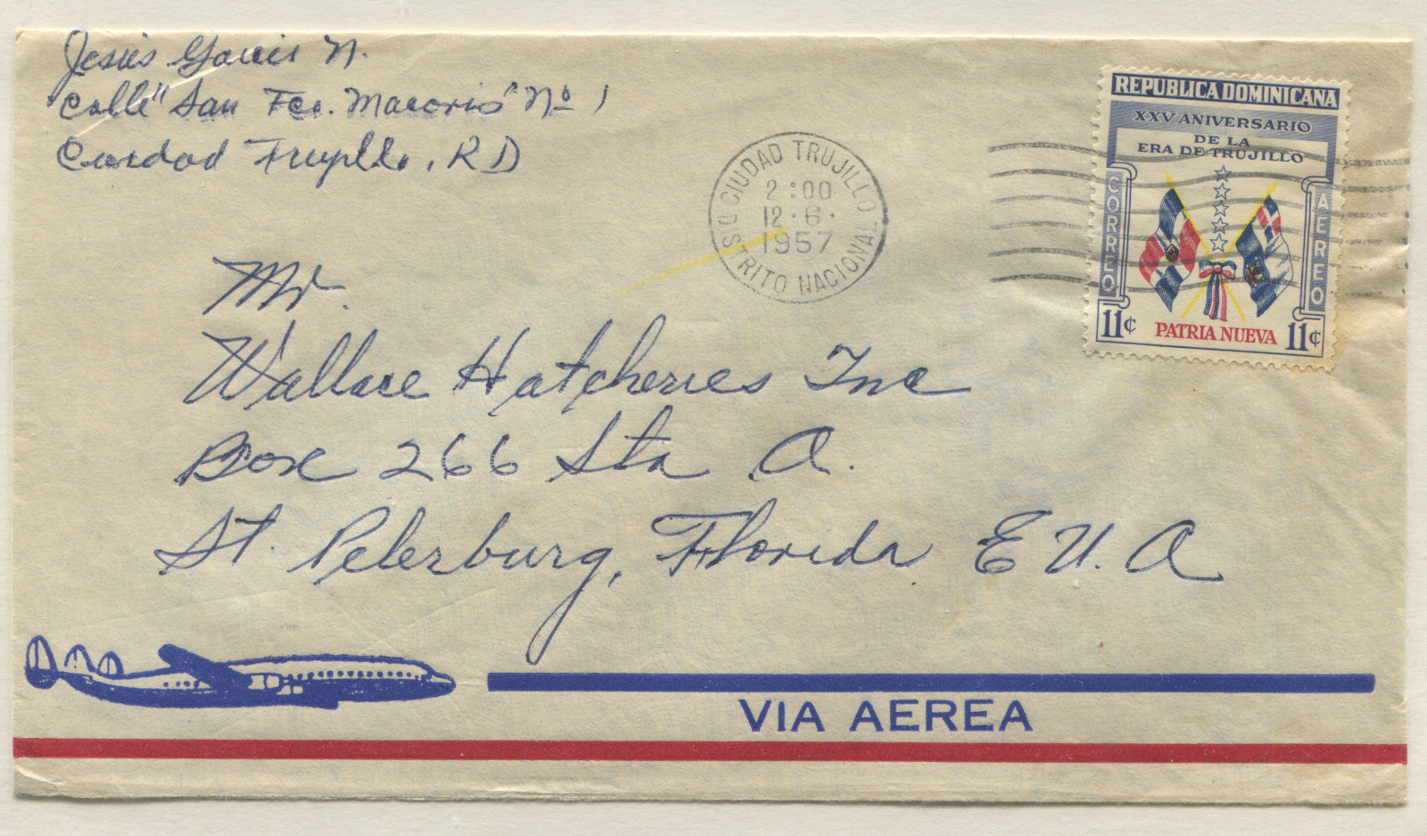Dominican Republic 1957 Airmail Cover Ciudad Trujillo to Florida USA