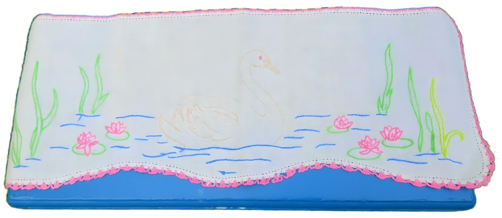 Vintage Table Runner Embroidered Swan Lily Pad dresser scarf dresser runner 19x7