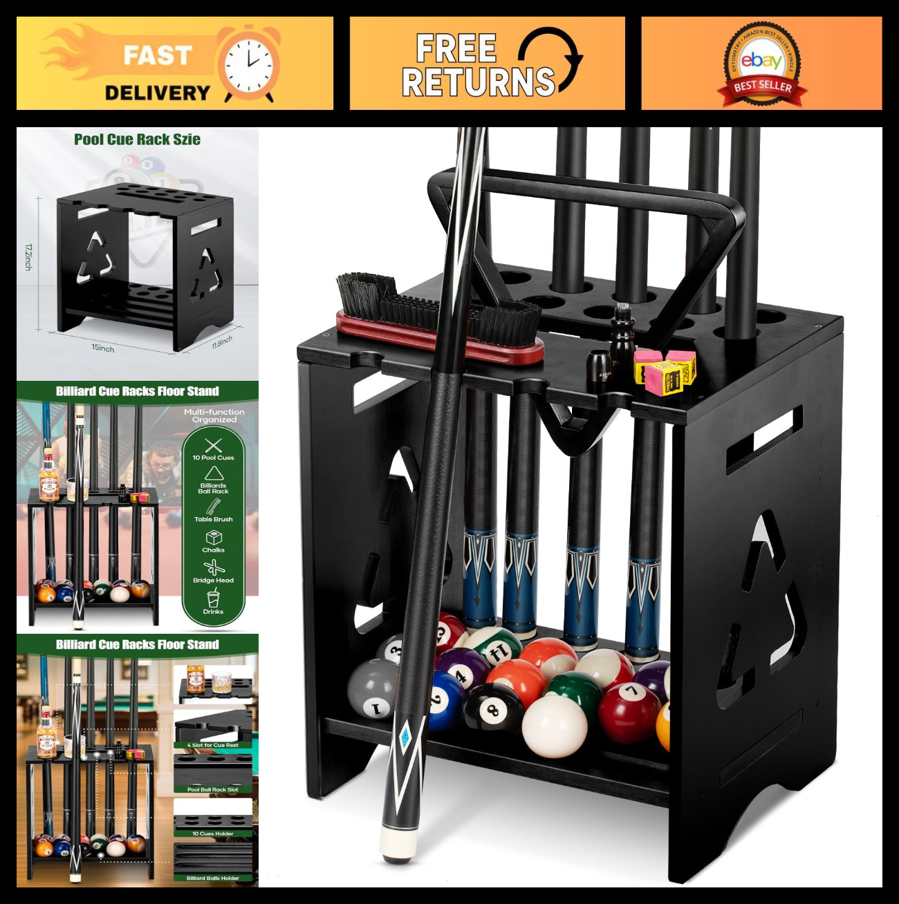 Hardwood Pool Cue Rack Stand - Holds 10 Cues, Billiard Accessory Organizer for G