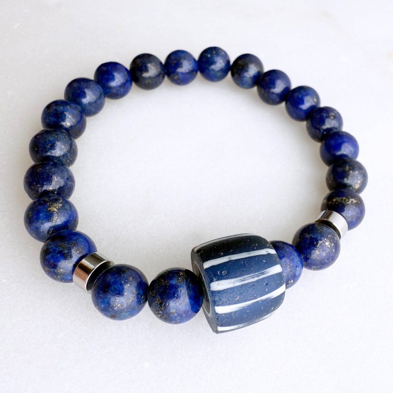 Antique Wound A Speo Venetian Glass African Trade Bead, Lapis Lazuli Bracelet