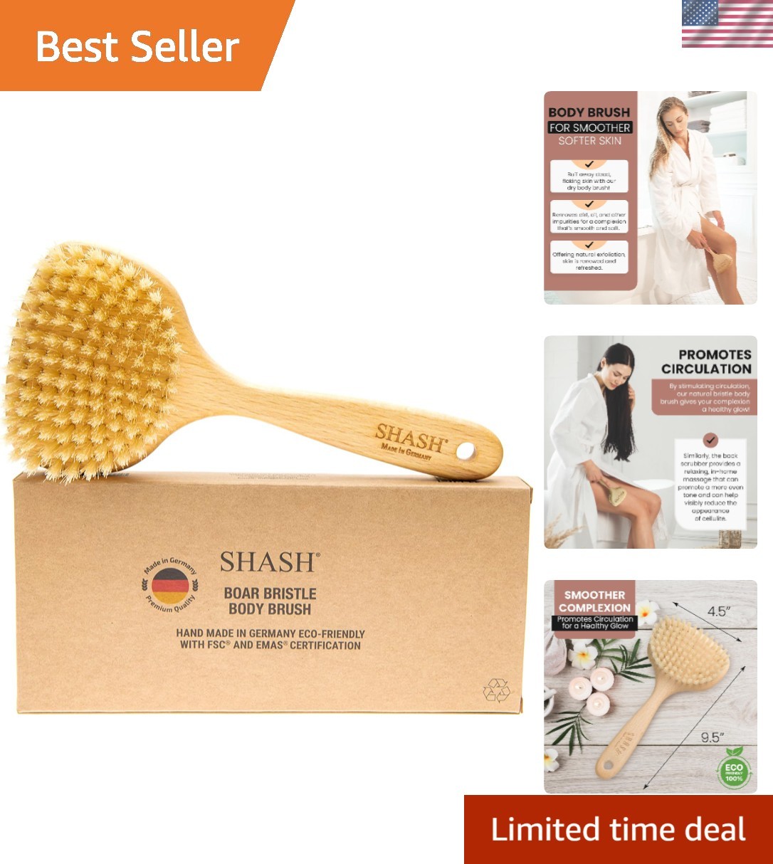 Since 1869 Hand  - Smooth 100% Boar Bristle Body Brush, Gently Exfoliates Ski...