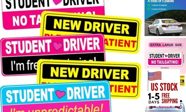 Student Driver Magnet for Car，Reflective Detachable Student Rose Red Blue