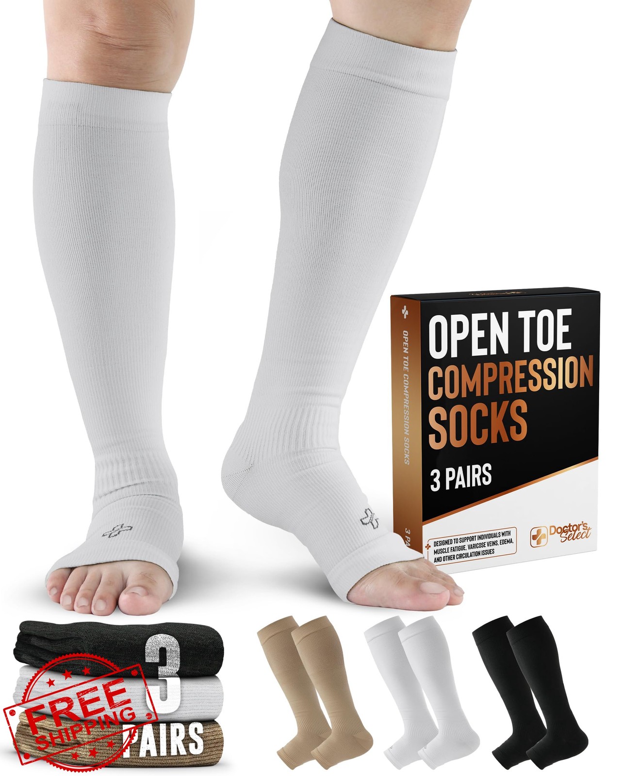 Doctor's Select 3 Pairs Copper Toeless Compression Socks 20-30 mmHg Knee High