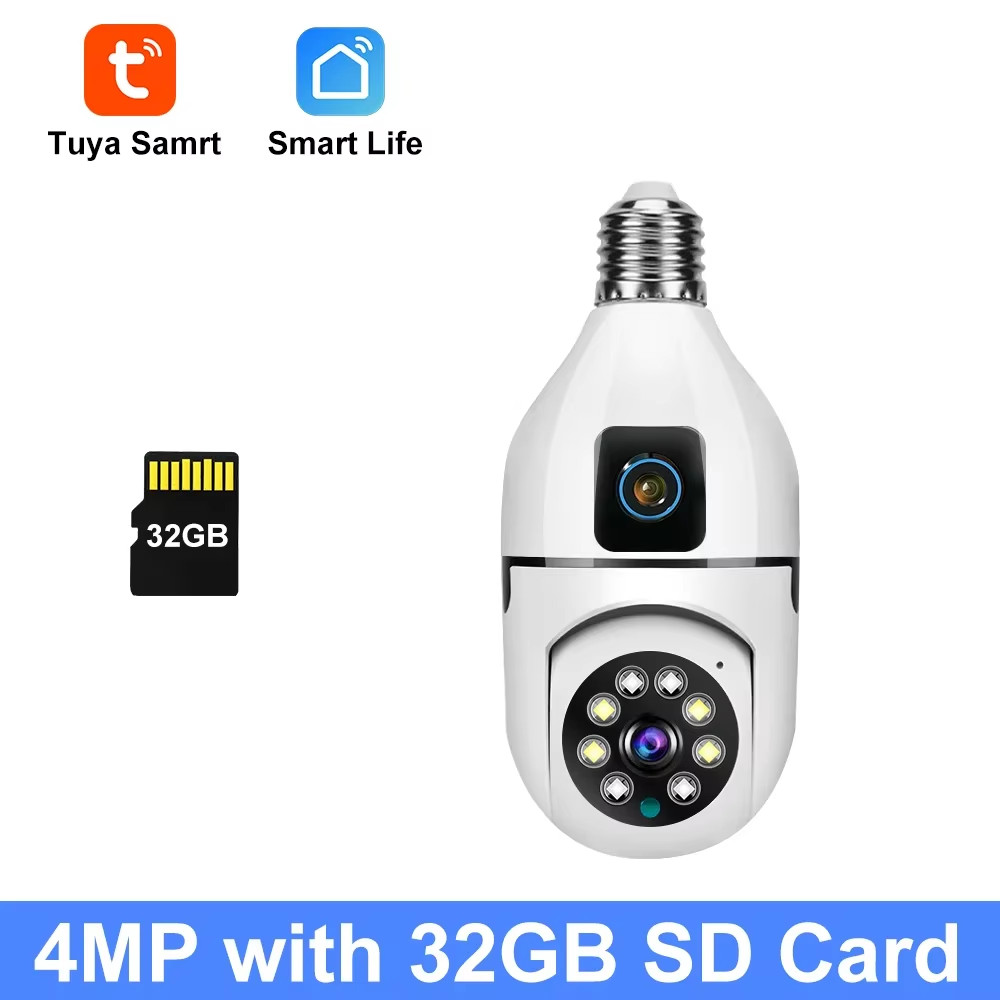 Tuya 8MP Full HD PTZ Wifi Dual Lens Dual Screen E27 Bulb Camera Tuya Smart Life 