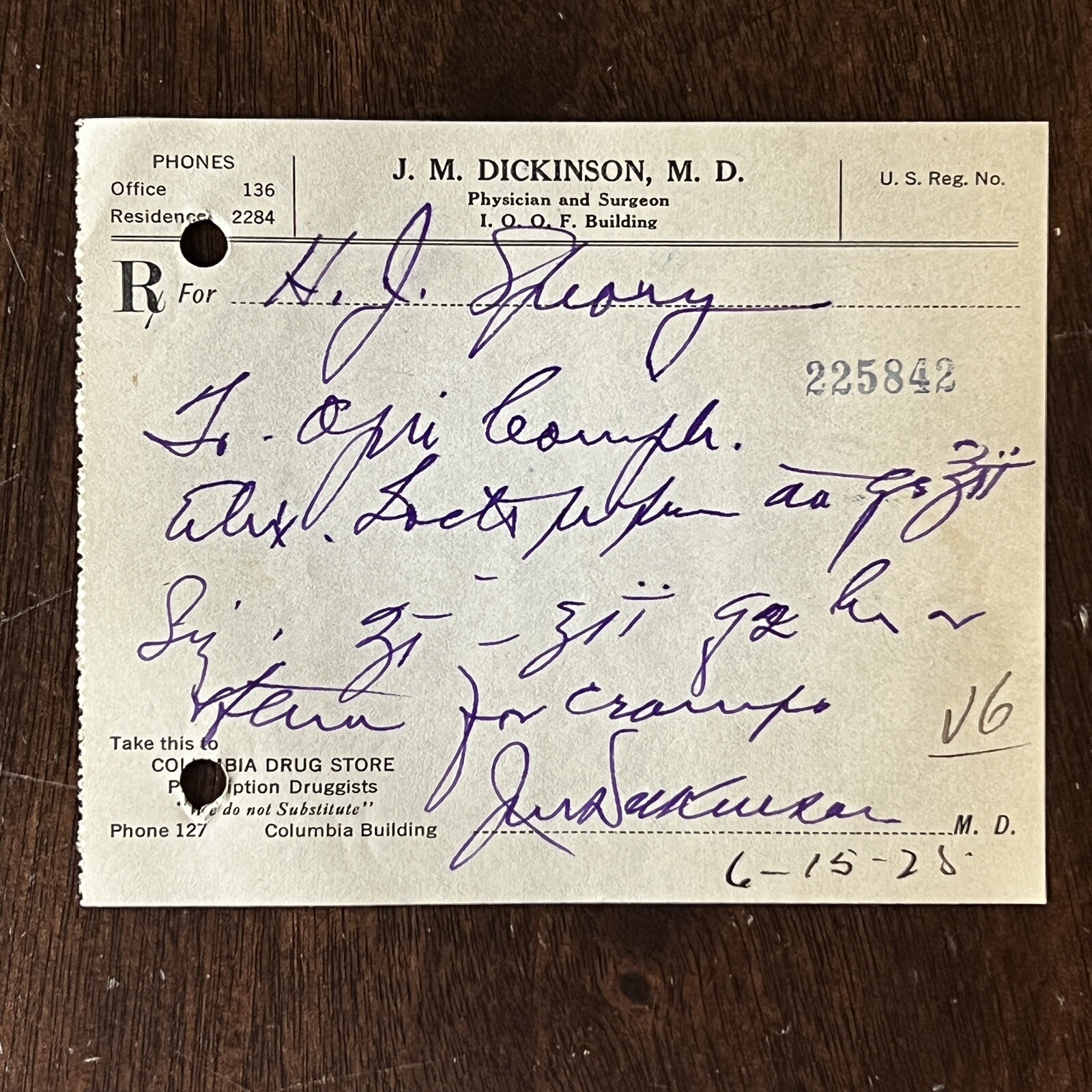1925 HANDWRITTEN MEDICAL PRESCRIPTION WRITTEN IN PURPLE INK COLUMBIA DRUG STORE