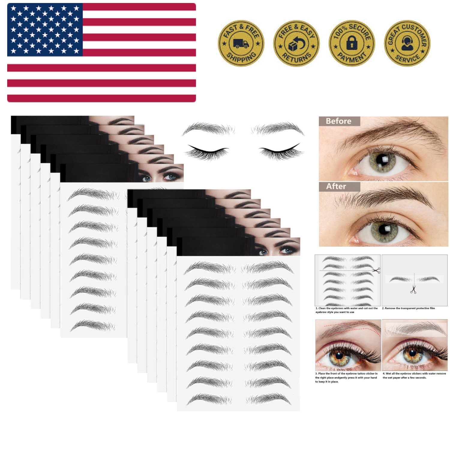 12 Sheets 108 Pairs 4D Hair Like Waterproof Eyebrow Tattoos Stickers Temporar...