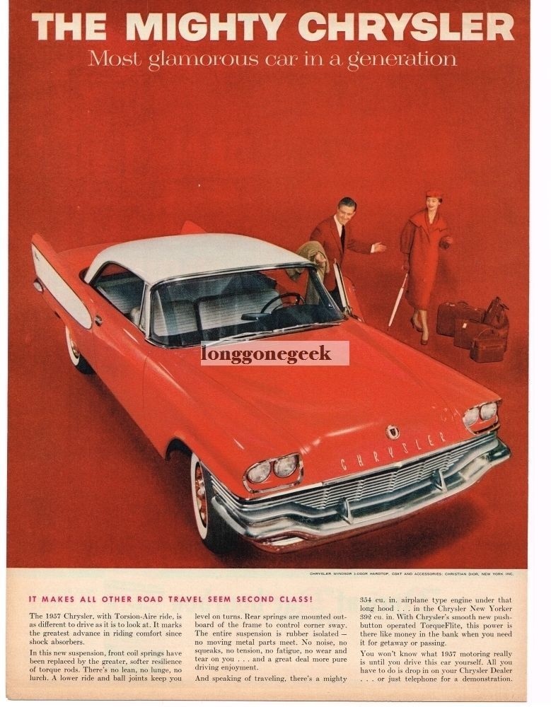 1957 Chrysler Windsor Red White 2-door Coupe Lady Christian Dior Coat VINTAGE Ad