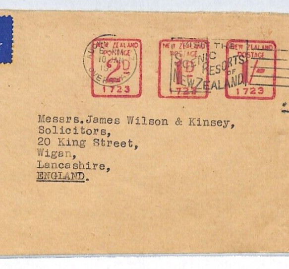 NEW ZEALAND Cover TRIPLE METER DIE Air Mail PUBLIC TRUST OFFICE c1950 Wigan YL91