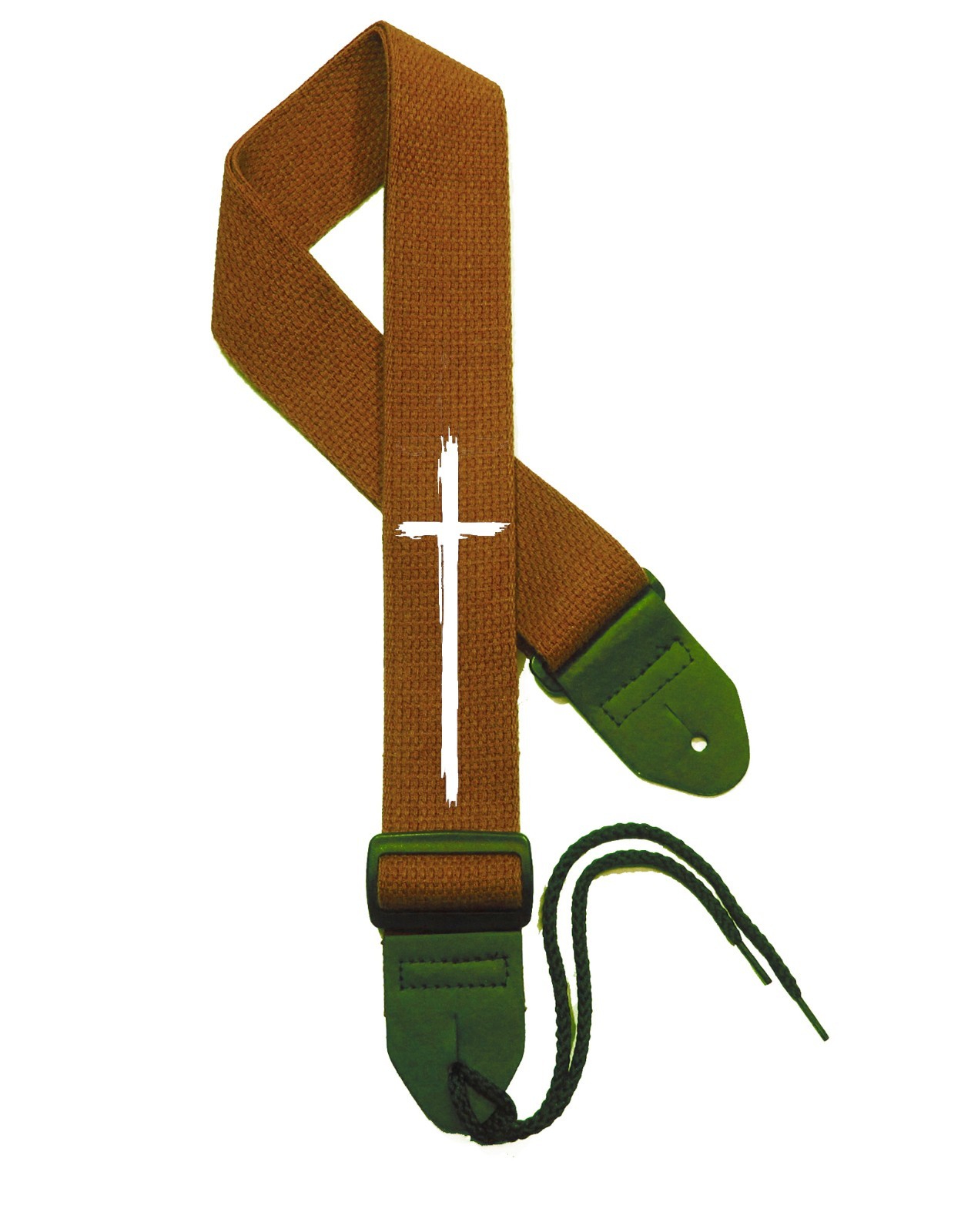 Christian Brown Cotton Guitar Strap – White Brush-Stroke Cross Design