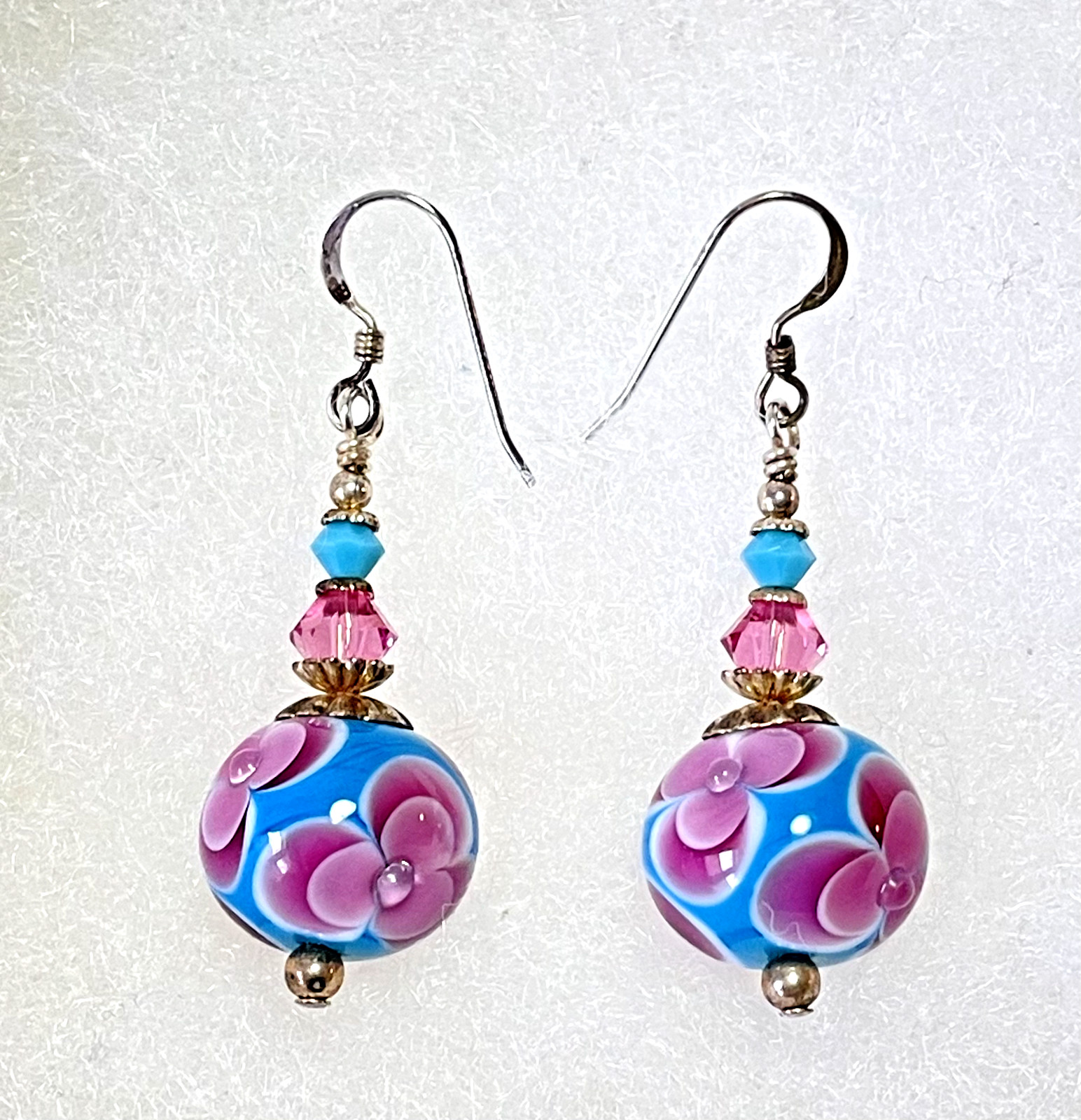 Artisan Handmade Floral Glass Bead Earrings Blue Purple Silver French Wire