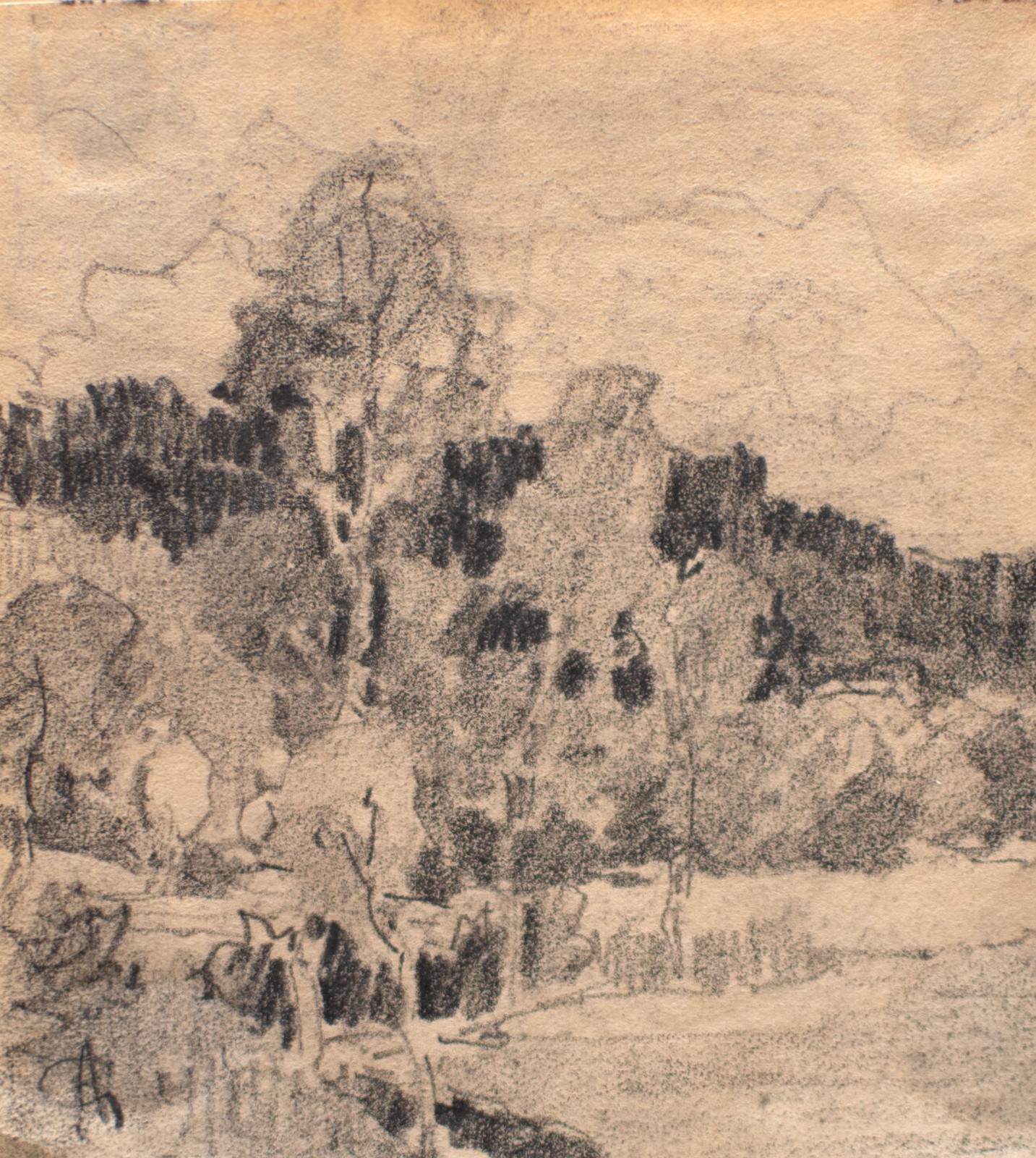 Forest landscape study drawing unique monogram drawing 20th century