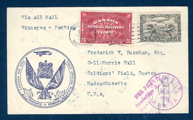 CANADA 1931 SPECIAL DELIVERY AIRMAIL WINNIPEG/PEMBINA FFC