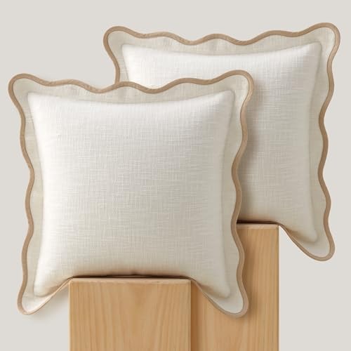 Double Stitch Scalloped Throw Pillow Covers - 100% 20" x 20" (Pack of 2) Cream