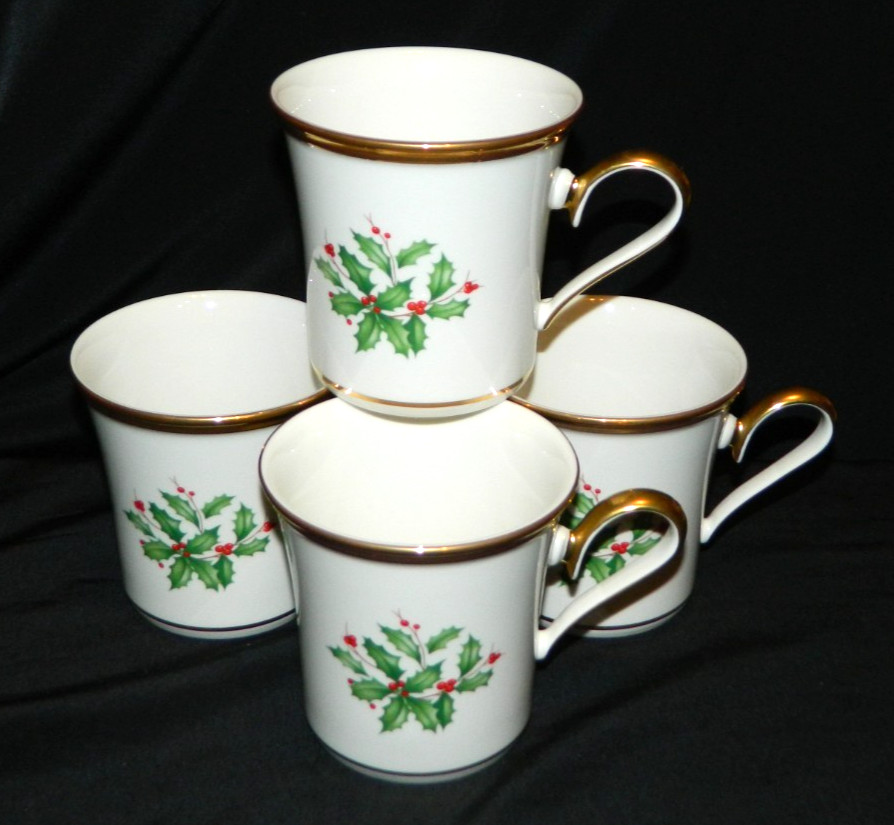 LENOX "HOLIDAY" SET OF 4 MUGS, 3.5" HIGH, MINT COND