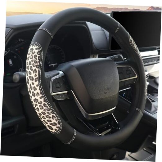  Leopard Steering Wheel Cover, Universal 14.5-15 inch, Auto Leather Steering 