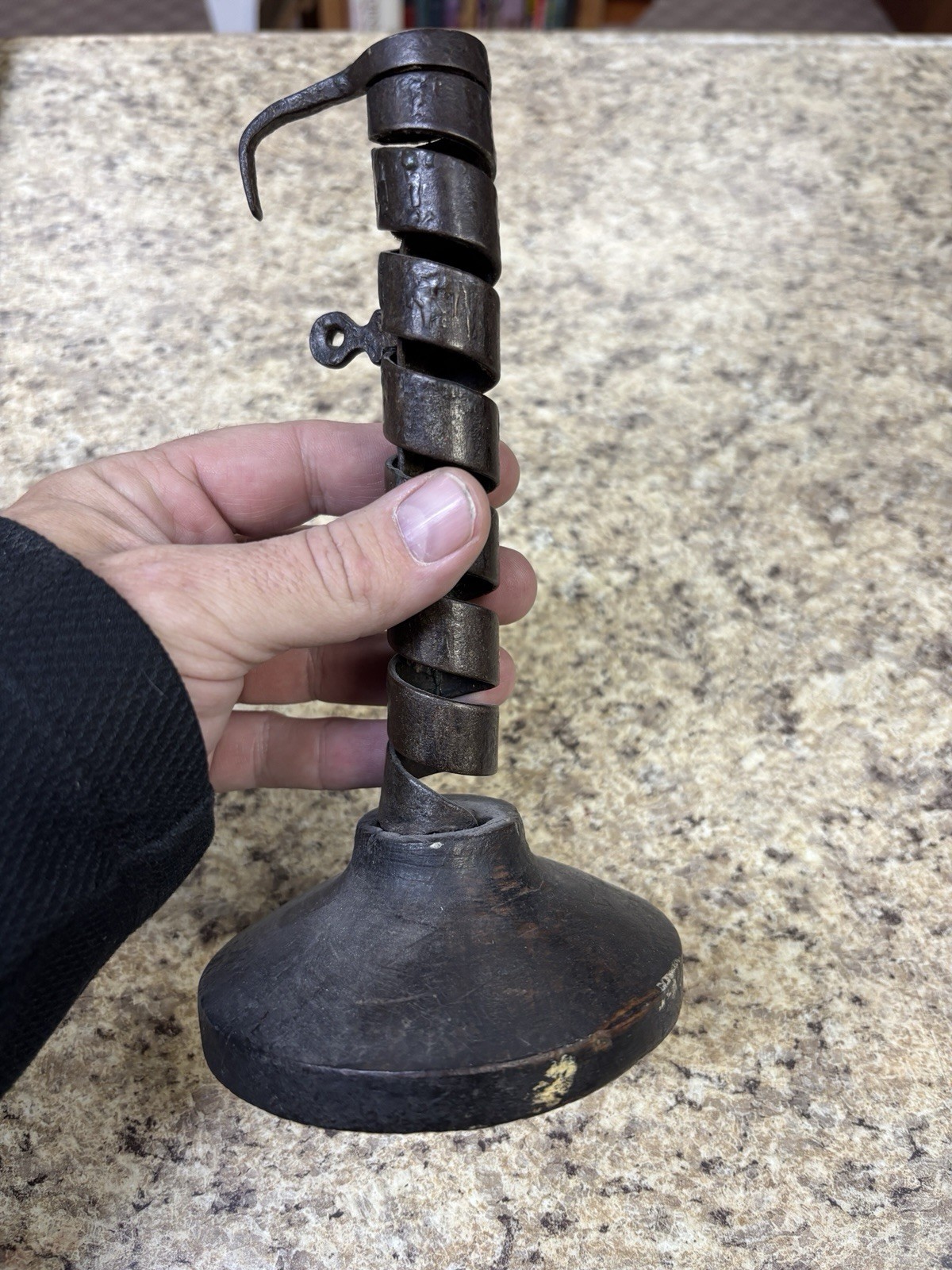 Antique Late 19th Century 1800s screw up Candlestick wood base 8” tall.  RARE!