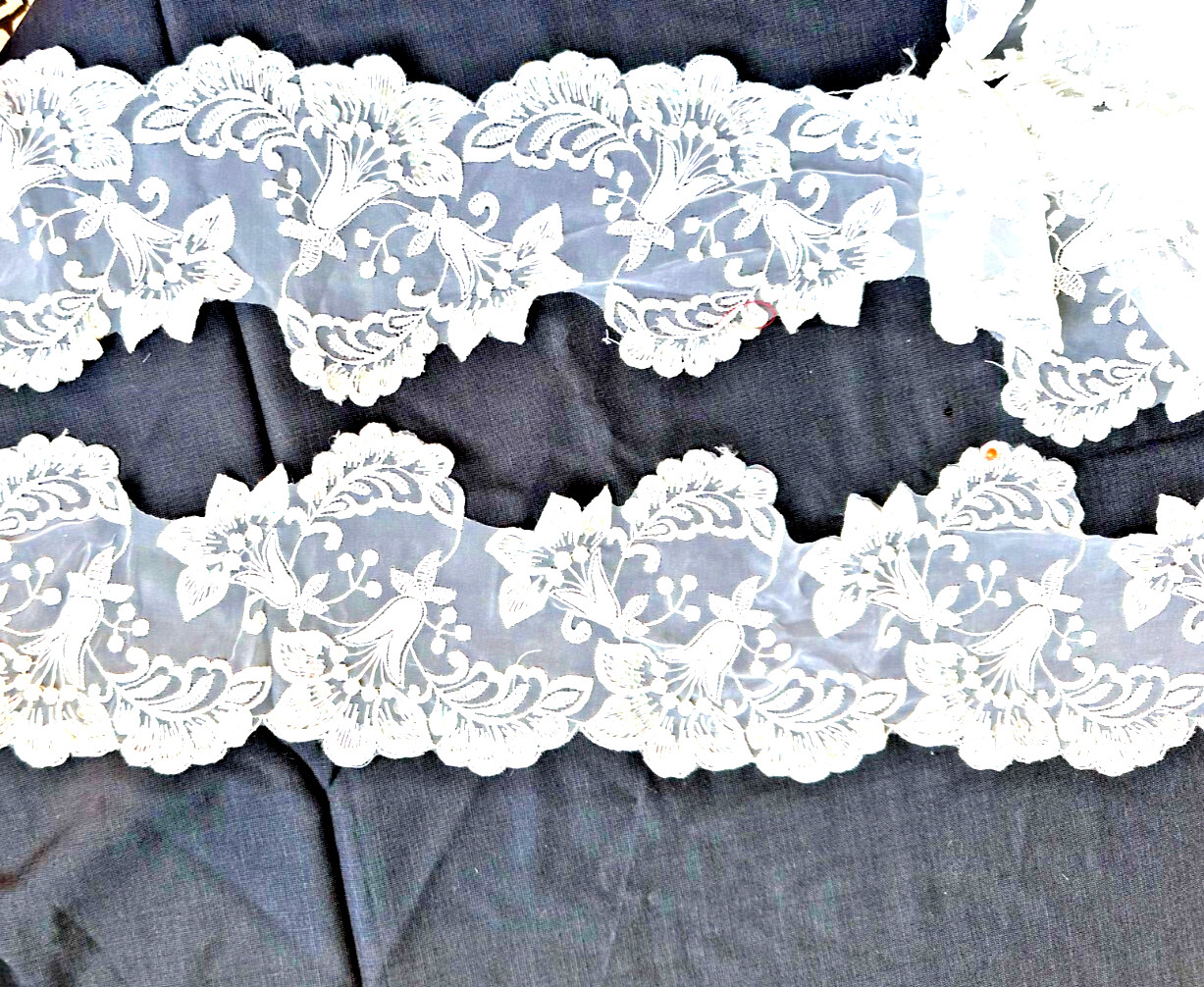Vintage Ivory Beaded Floral Lace Trim 8 yd x 5.5" Scalloped Bridal Veil/Dress