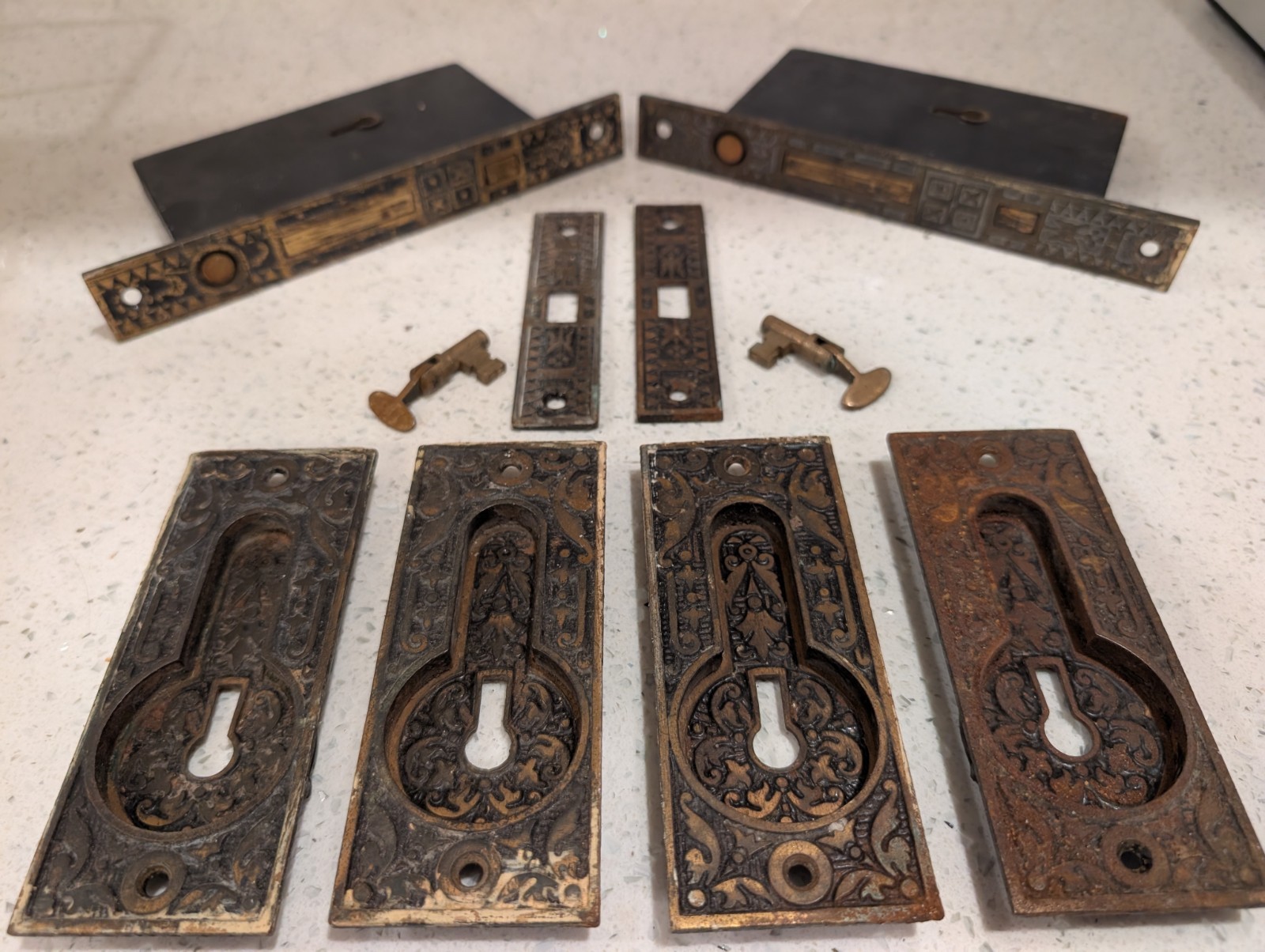 Antique  Double Pocket Door Hardware Kit + Key & Screws - Locks Work!