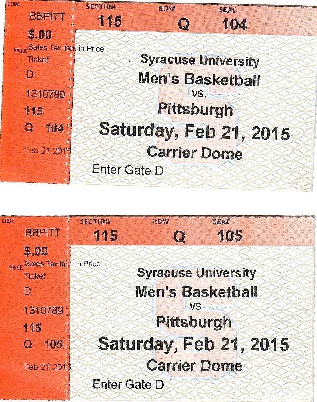 LOT OF 2 SYRACUSE VS PITTSBURGH USED BASKETBALL TICKETS FROM 2015   CARRIER DOME