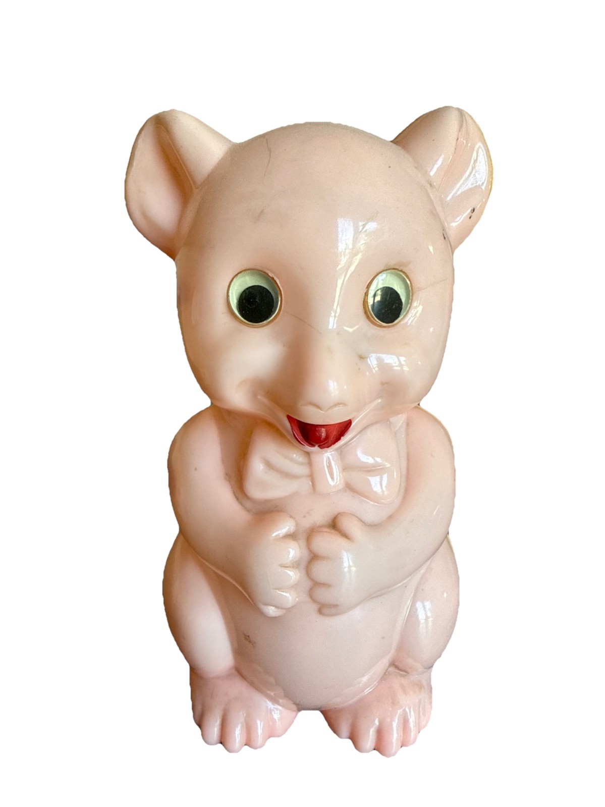 Vintage Hard Plastic Pink Teddy Bear Piggy Bank with Googly Eyes by Best 1950's