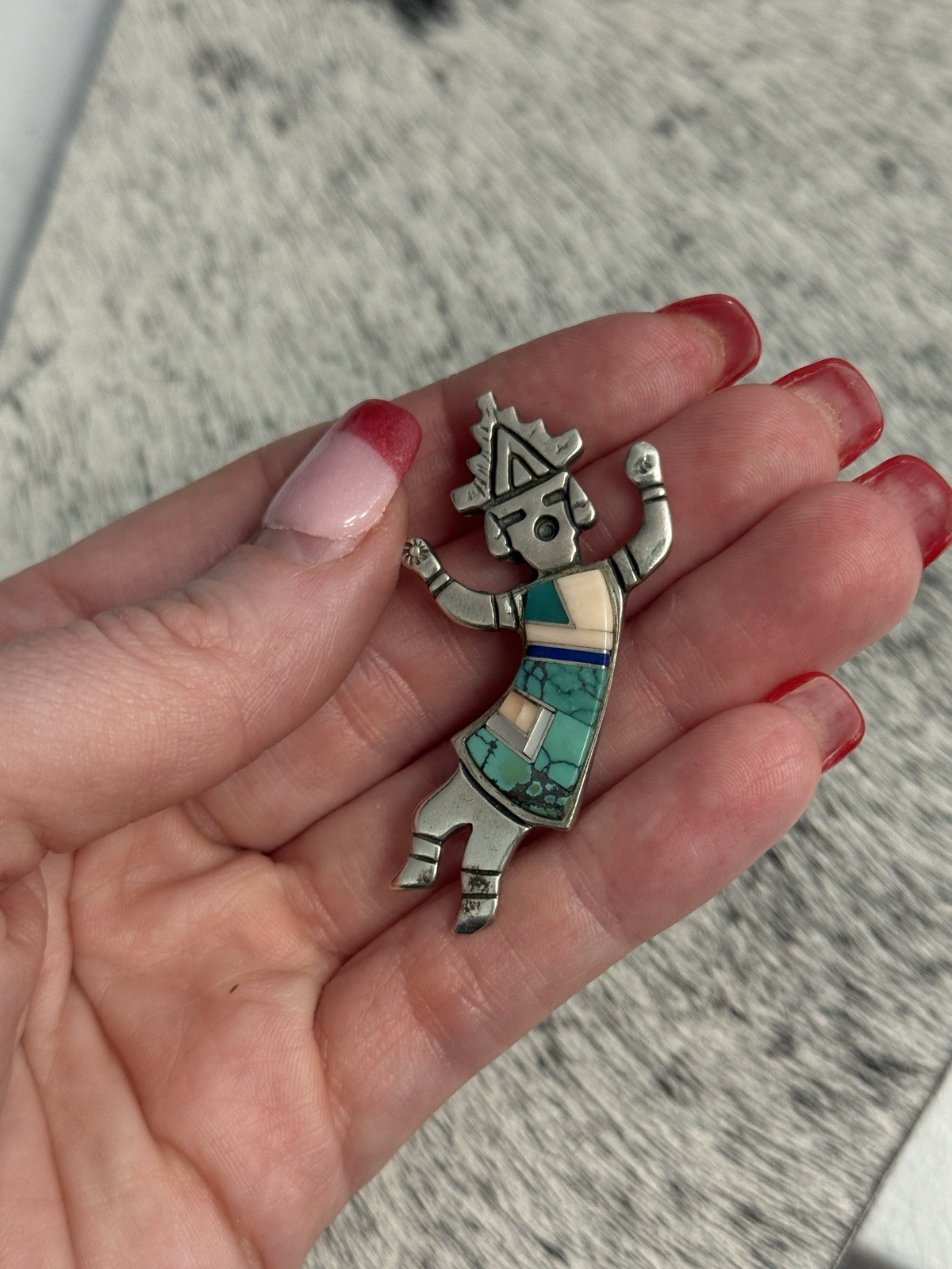Vintage Native Sterling Silver Inlay Turquoise Coral Kachina Pin Pendant Signed