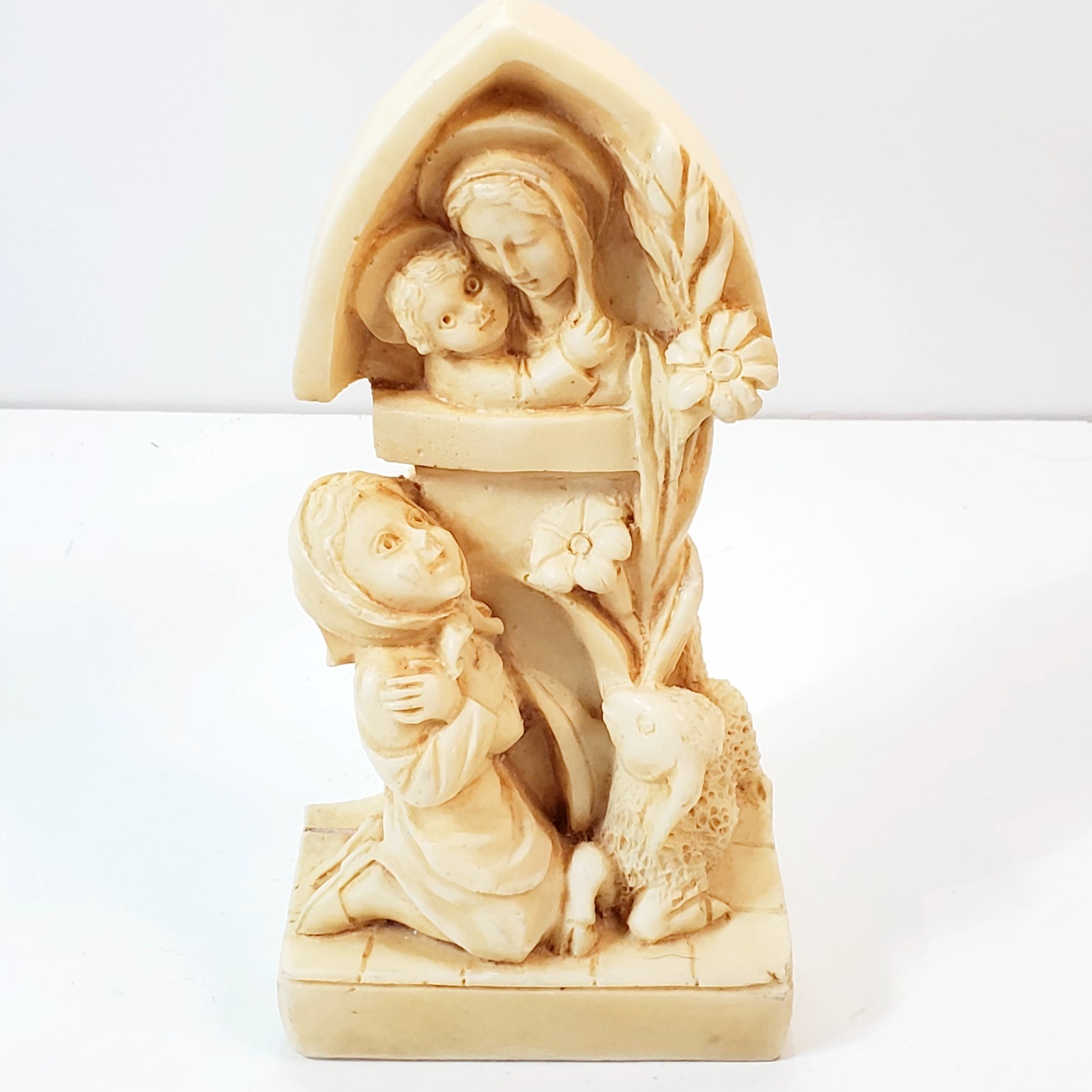 Vtg Resin Madonna & Child with Adoring Girl and Lamb Religious Figurine Statue