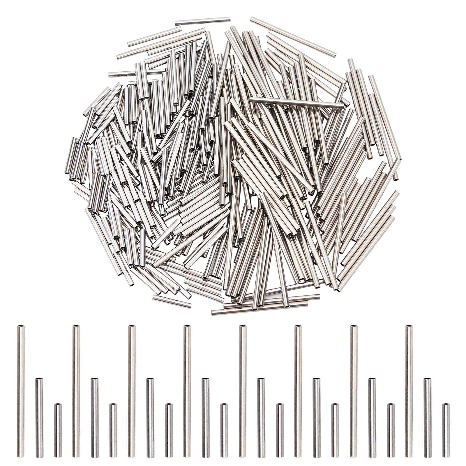 DICOSMETIC 300pcs 3 Sizes Long Tube Beads Metal 10/15/25mm, 3 sizes-300pcs 