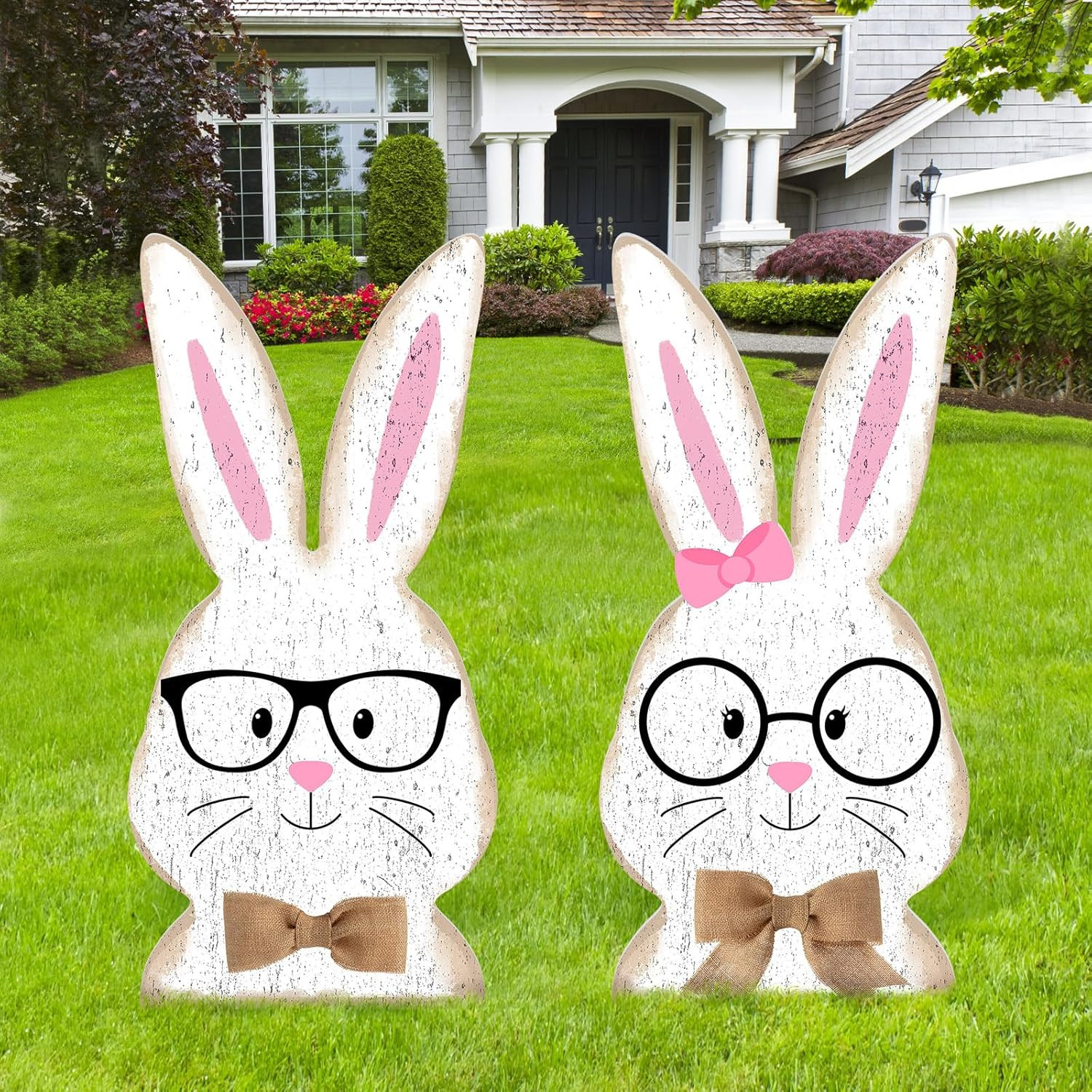 2 Pcs Easter/Spring Outdoor Decorations 16 Inch Yard Stakes Sign Metal Gnome/Bun