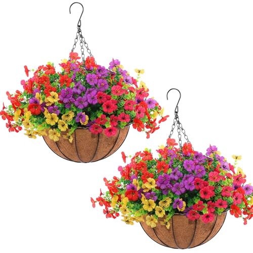  Set Artificial Outdoor Flowers with Hanging 2 Red, Purple, Yellow, Rose Red
