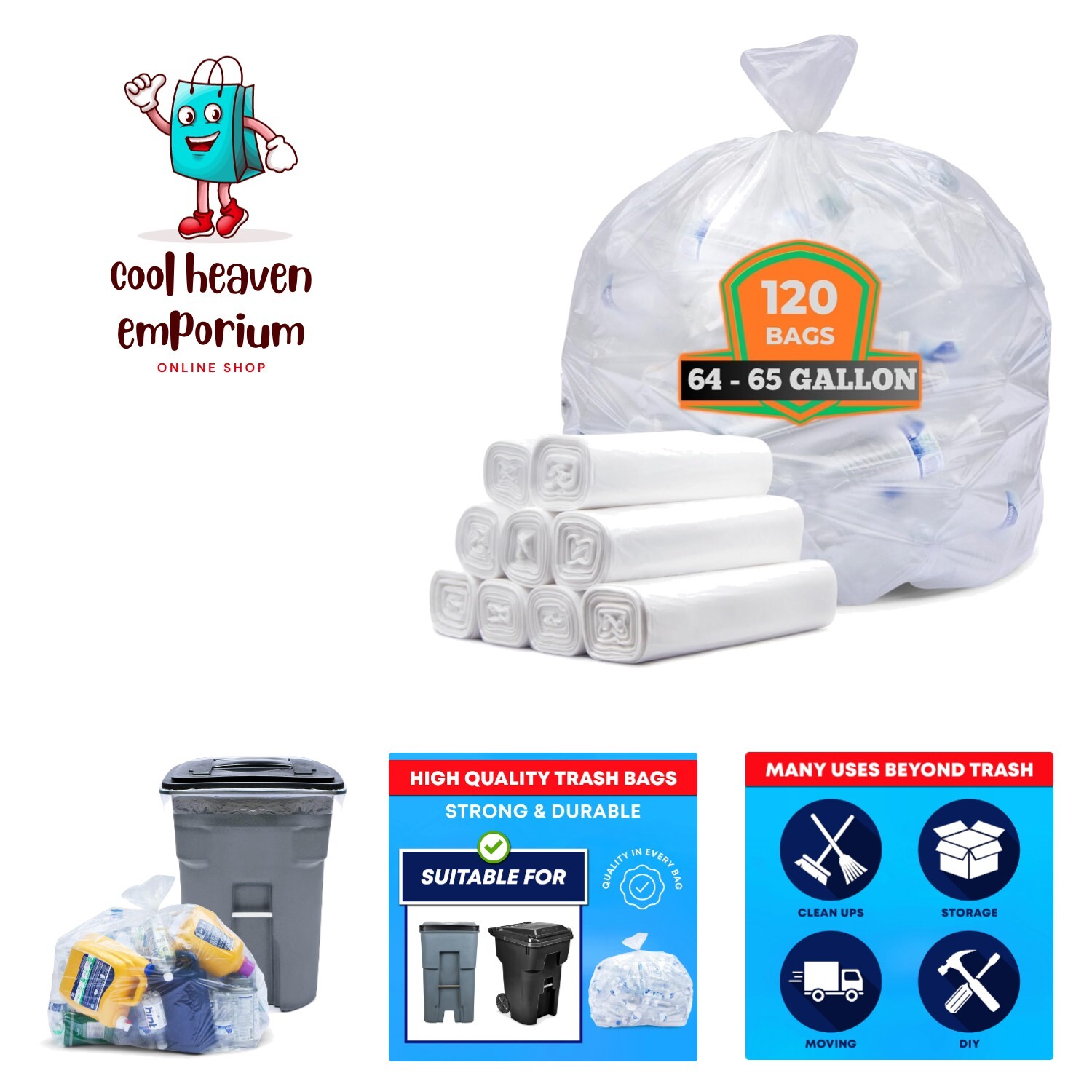 64-65 Gallon Clear Trash Bags, 120 Count Bulk Large Clear Trash Bags, Heavy D...