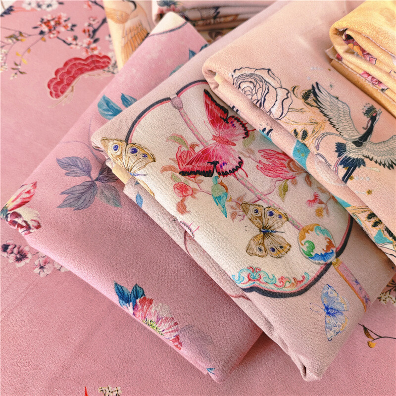 Chinese Velvet Fabric Cloth Crane Floral Printed Trims Cheongsam Cloak Sew Retro