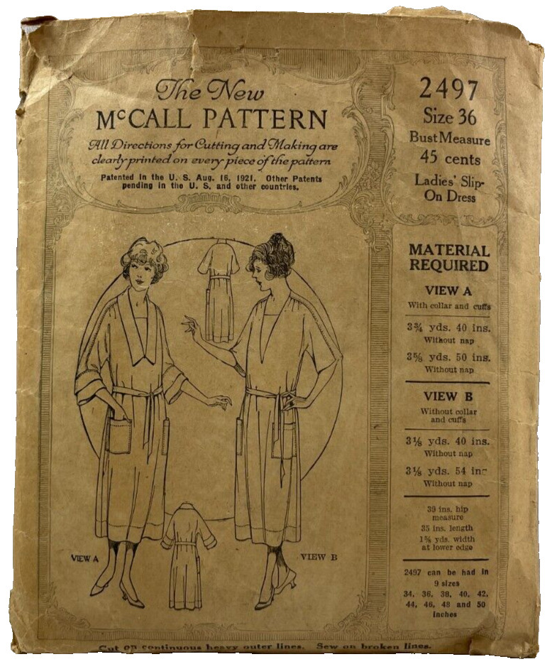 1921 McCall Sewing Pattern 2497 Womens Slip-On Dress 2 Styles Sz 36 Antiq 14895