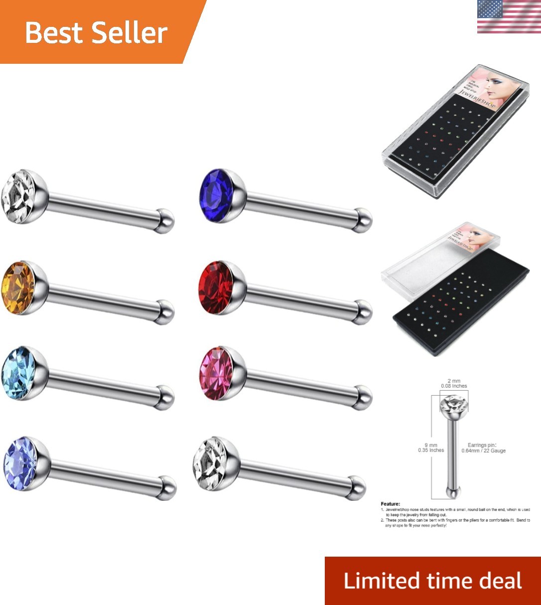 40pcs Nose Studs Stainless Steel CZ Nose Rings Pins Piercing Jewelry Bone Stu...