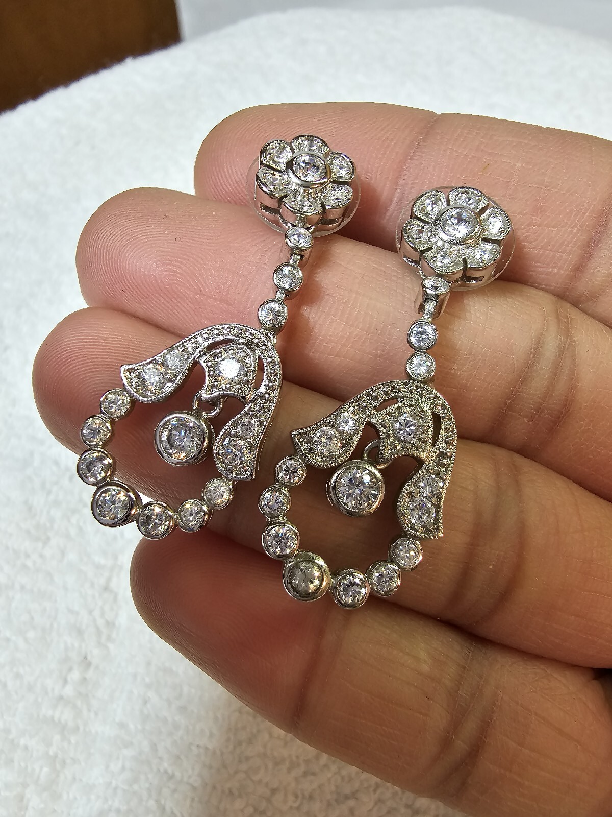 Vtg Silvertone Stud Earrings Flower Dangle Leaf Design w/ Rhinestone Hamsa Shape