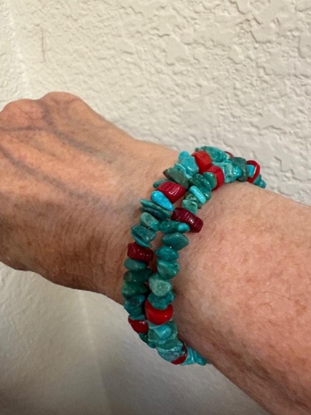 Natural Turquoise with Red Branch Coral Bracelet