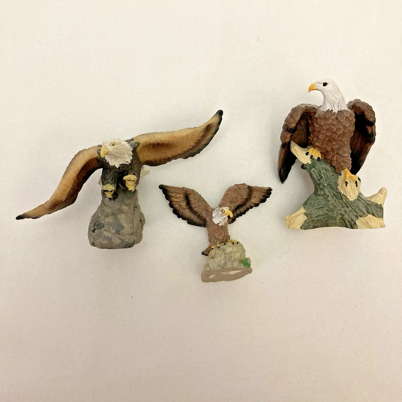 Vintage Set of 3 Eagles Resin Figurines Perched on Branches & Rocks, Collectible