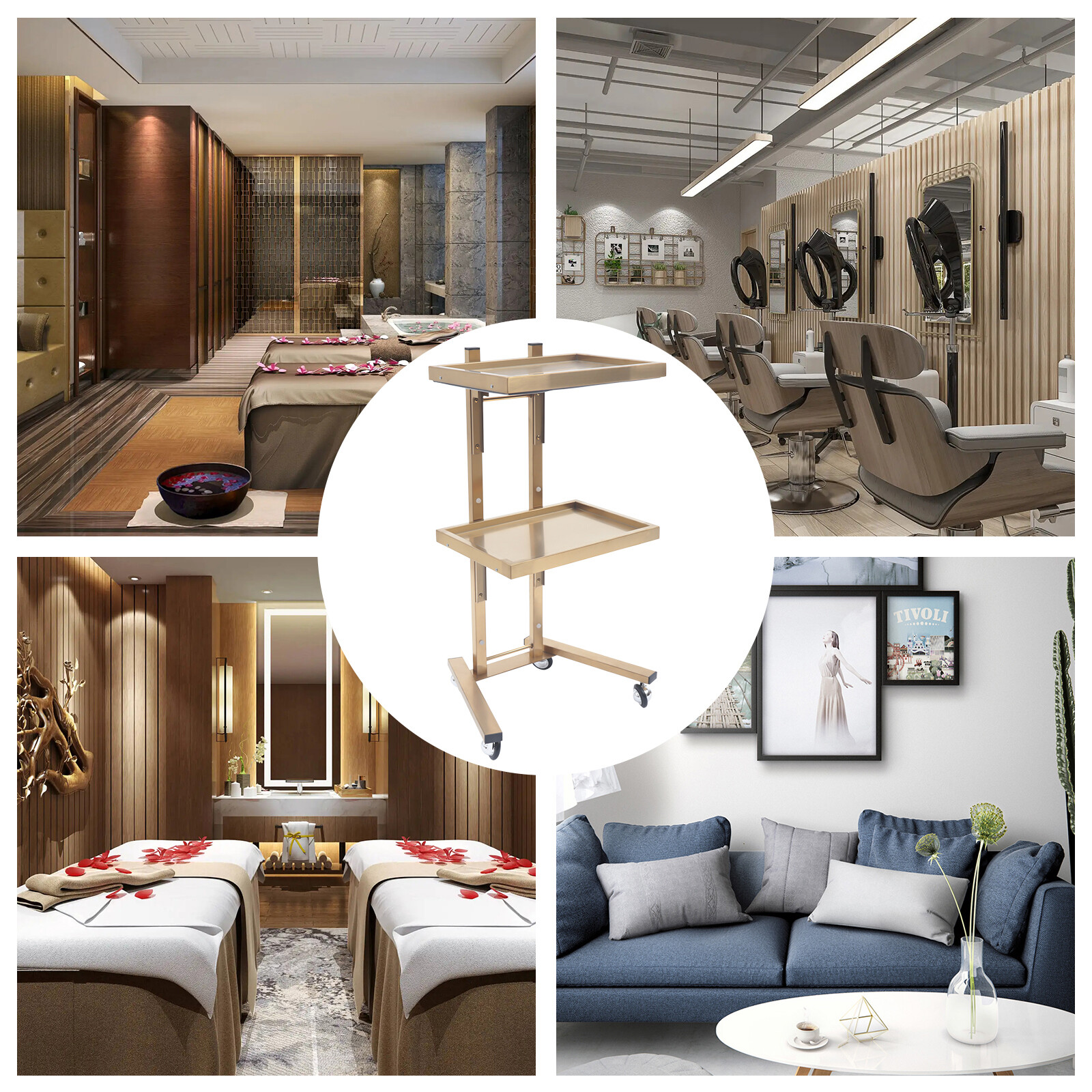 2 Tier Gold Beauty Salon SPA Rolling Cart Foldable Tray Trolley Stainless Steel