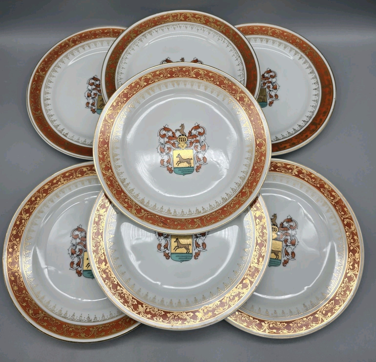 7 Coat of Arms / Family Crest Plates with Horses 7.6" Orange White & Gold X1027C
