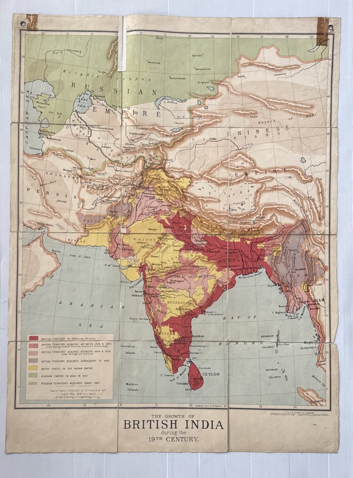 Wall Map Growth of British India 1784 & 19th Century 17 & 18 Johnston 1905 Era M