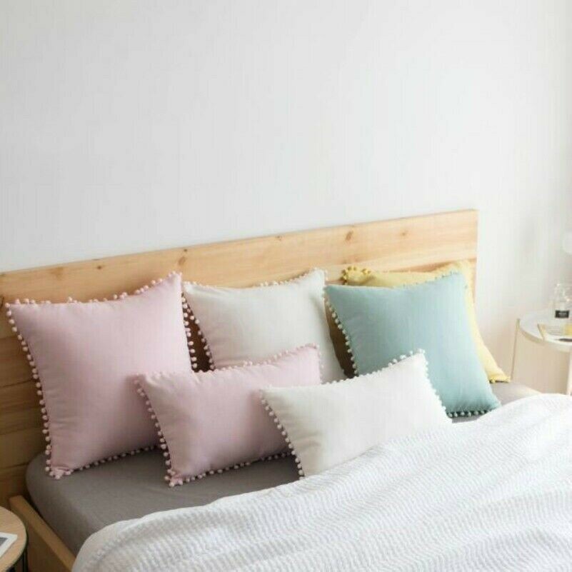 Cushion Cover Throw Pillow Case Pom Edge Cotton Linen Sofa Chic Decor Modern