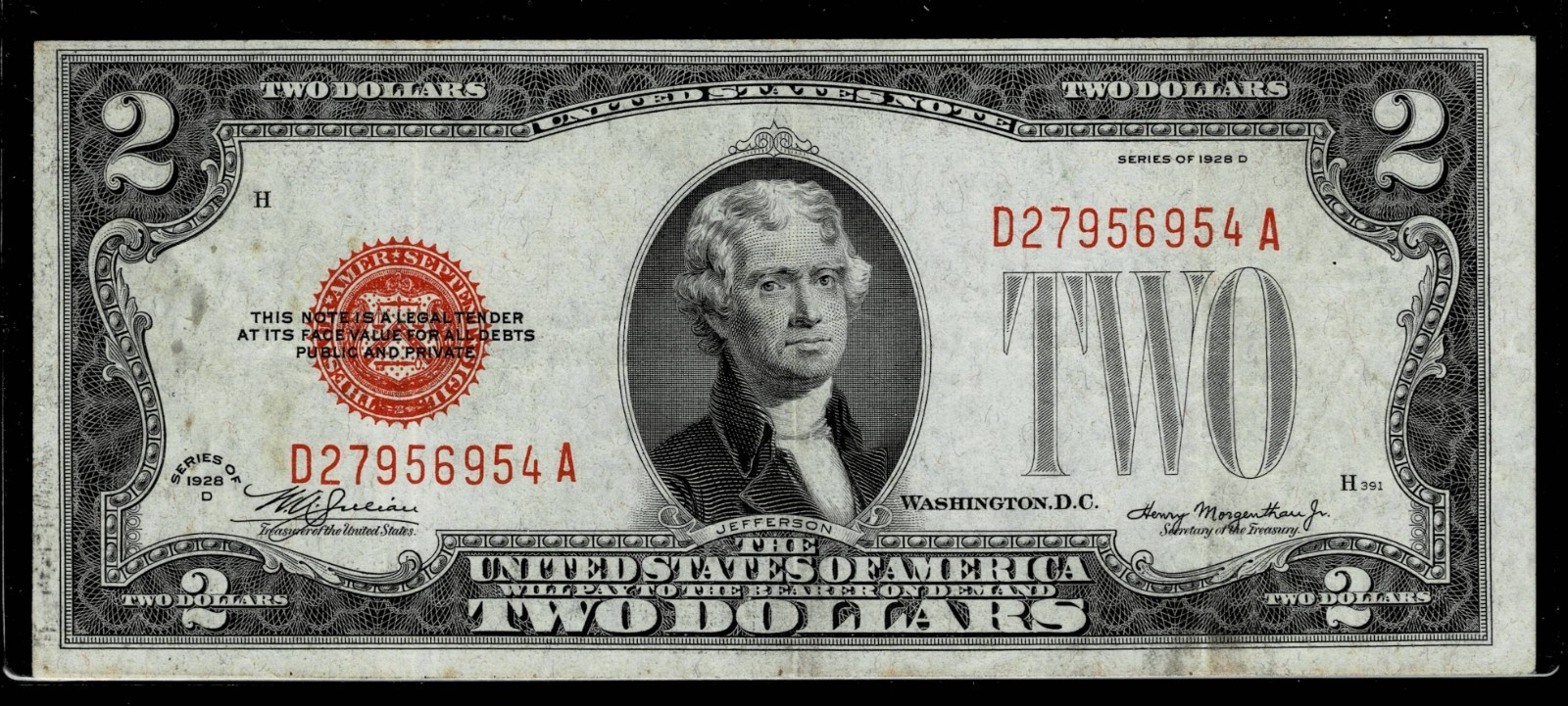 1928-D $2 Red Seal United States Note~ VERY FINE