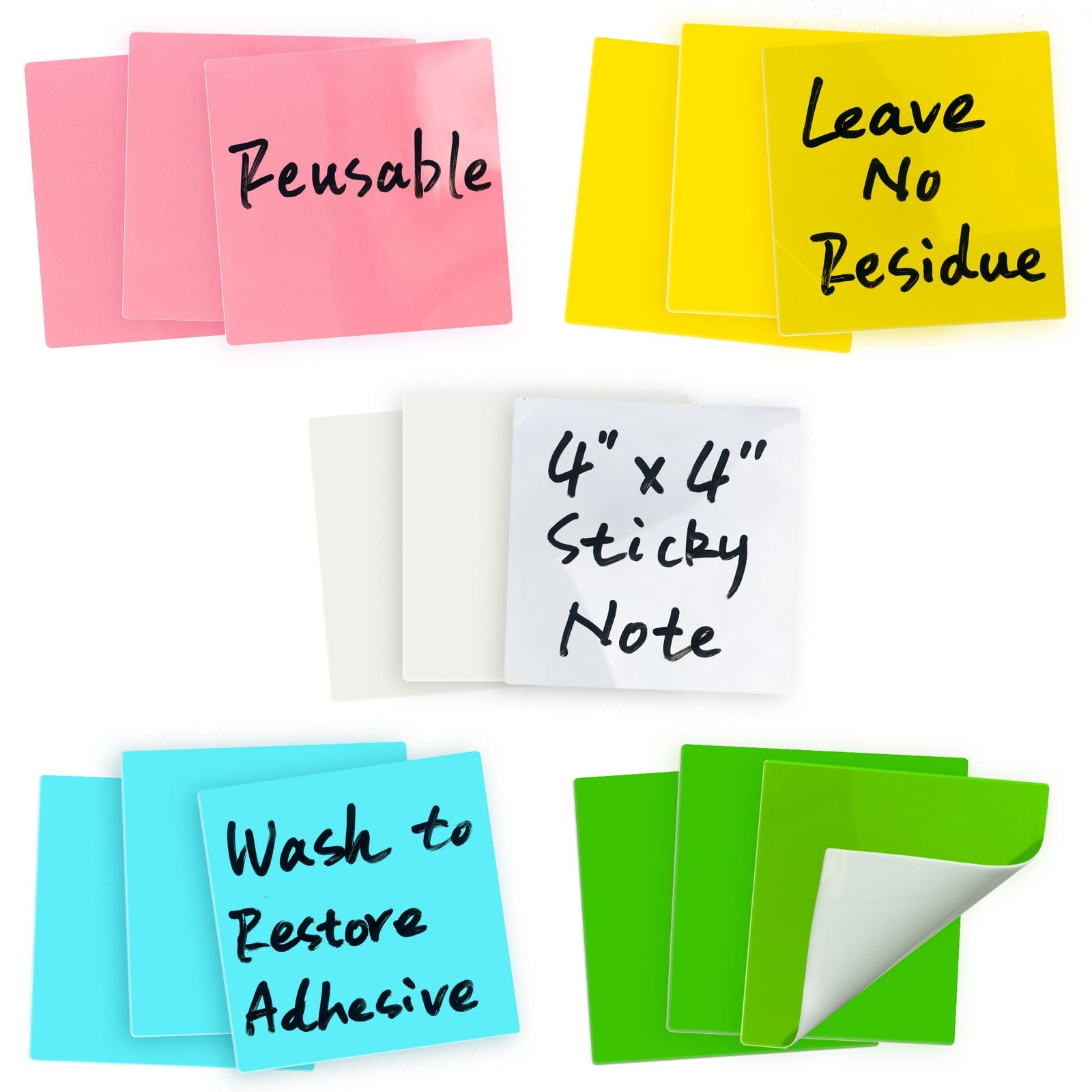 Mr-Label – 15-Pack 4"x4" Reusable Dry Erase Self-Sticky 4"x4", 5 Colors-thick 