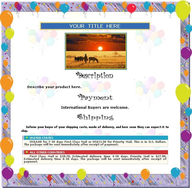 AUCTION TEMPLATE Balloons Party Birthday Design Border - FREE Email Shipping
