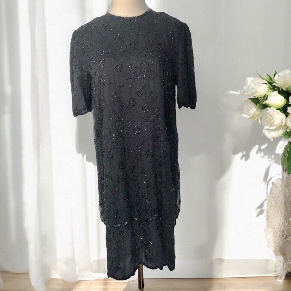 Vtg 80s Black Silk Beaded Dress Womens Medium Tiered Sheer Overlay Embellished 